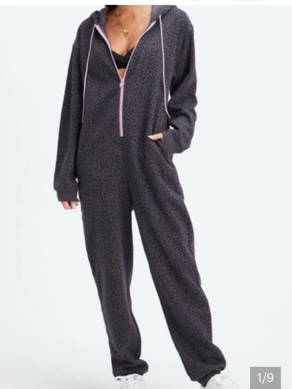 Fabletics forever fleece onesie purple cheetah print size large
